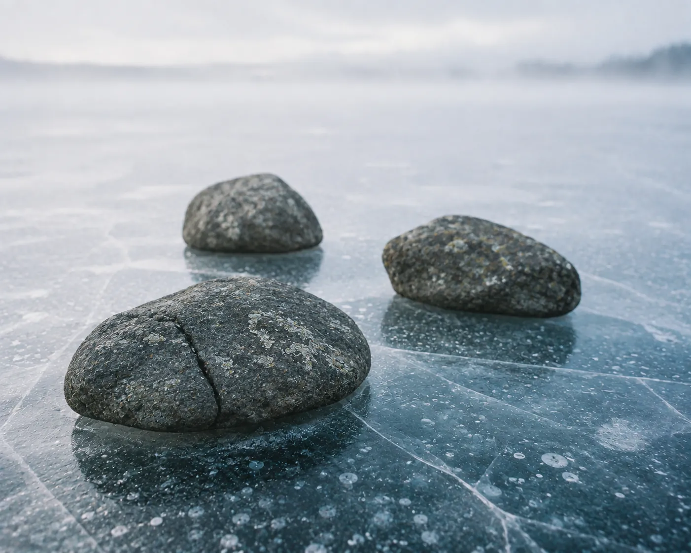 Three stones resting on ice
